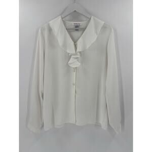 Vintage Talbots Button Up Blouse Womens 12 White Sheer Ruffles Long Sleeves Top